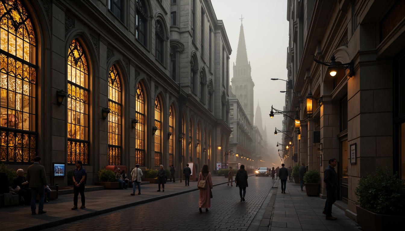 Prompt: Intricate Gothic windows, ornate stone carvings, stained glass patterns, majestic cathedral-inspired architecture, grandiose pointed arches, ribbed vaults, flying buttresses, mystical ambiance, soft warm lighting, dramatic shadows, ancient European cityscape, foggy morning atmosphere, mysterious misty effects, cinematic composition, shallow depth of field.