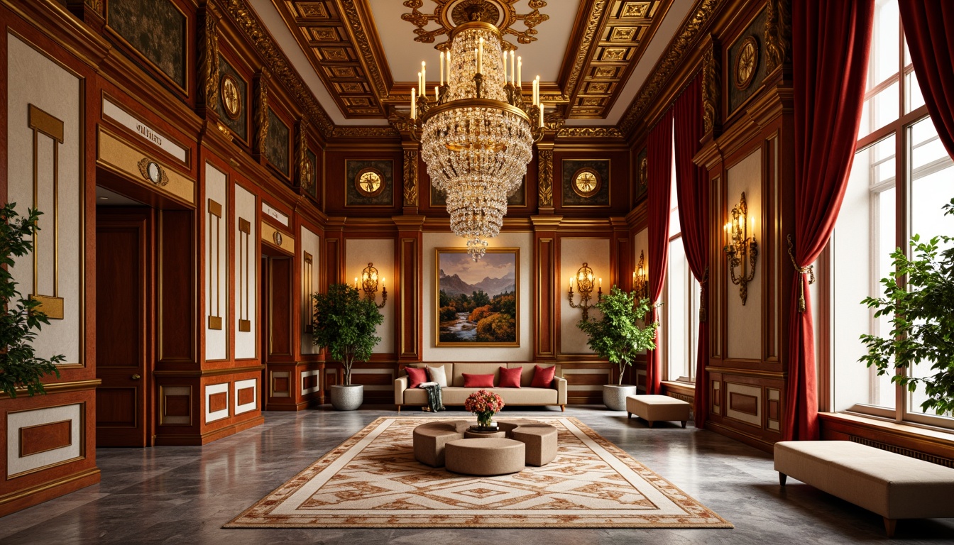 Prompt: Luxurious gold leaf accents, ornate metalwork, geometric patterns, marble walls, rich wood paneling, bold color schemes, metallic paint finishes, glossy enamel coatings, intricate moldings, sunburst motifs, zigzag designs, chevron patterns, circular shapes, opulent furnishings, lavish decorations, glamorous chandeliers, crystal beading, velvet drapes, sophisticated ambiance, warm golden lighting, shallow depth of field, 3/4 composition, panoramic view.