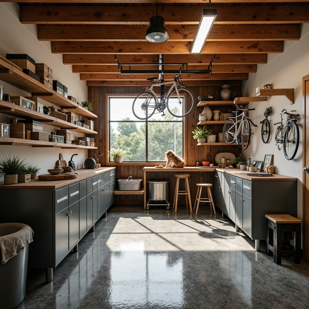 Prompt: Cozy family garage, organized storage units, slatted shelving, metal cabinets, hanging bicycles, tool organizers, epoxy-coated flooring, natural wood accents, warm lighting, shallow depth of field, 1/1 composition, realistic textures, ambient occlusion.