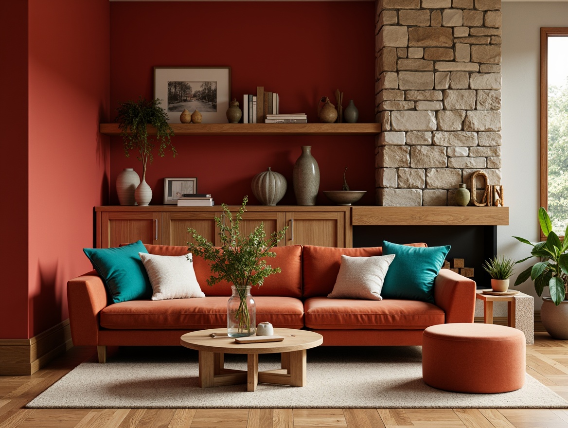 Prompt: Cozy family room, plush velvet sofa, rich wood coffee table, bold red accent walls, vibrant turquoise throw pillows, warm golden lighting, soft beige carpet, modern minimalist decor, natural stone fireplace, rustic wooden shelves, eclectic decorative vases, lively greenery, shallow depth of field, 1/2 composition, soft focus, realistic textures.