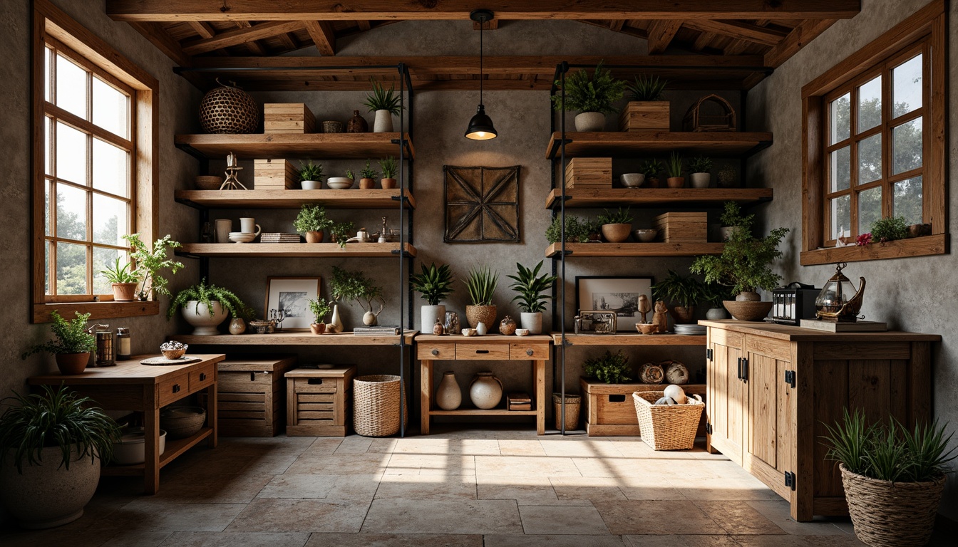 Prompt: Rustic storage room, reclaimed wood shelving units, vintage metal accents, distressed finishes, earthy color palette, natural stone flooring, exposed brick walls, industrial-style lighting fixtures, wooden crates, woven baskets, antique decorative items, cozy ambient lighting, soft shadows, 1/2 composition, realistic textures, warm color tone, rustic charm, organized storage space, functional design.