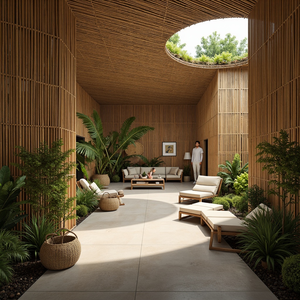 Prompt: Eco-friendly bamboo architecture, natural ventilation systems, recycled materials, green roofs, organic shapes, curved lines, earthy tones, warm lighting, wooden accents, woven bamboo textures, minimalist decor, open spaces, airy atmosphere, tropical plants, serene ambiance, shallow depth of field, 1/1 composition, realistic rendering, subtle color palette.