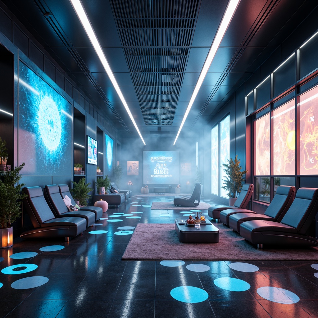 Prompt: Futuristic interior space, metallic surfaces, neon accents, holographic projections, sleek lines, minimalist decor, ambient lighting, glowing orbs, iridescent materials, chrome finishes, glossy floors, reflective ceilings, geometric patterns, 3D-printed furniture, LED lights, atmospheric mist, foggy ambiance, cinematic color grading, high-contrast shadows, shallow depth of field, dynamic camera movements, futuristic gadgets, virtual reality interfaces.