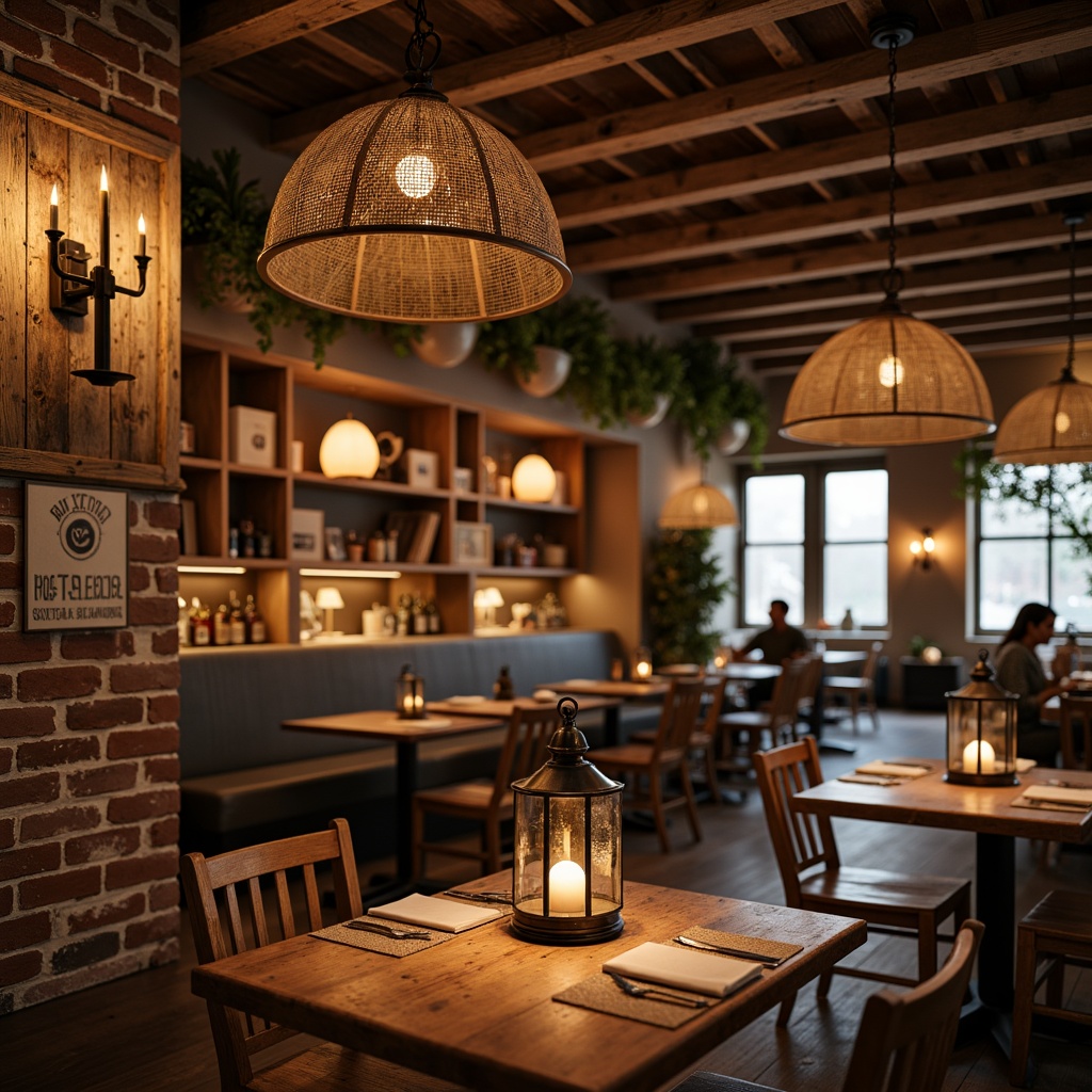 Prompt: Rustic farmhouse restaurant interior, vintage metal lanterns, distressed wood accents, warm candlelight, pendant lamps with burlap shades, wrought iron chandeliers, natural linen textures, earthy color palette, exposed brick walls, wooden beam ceilings, rustic metal signs, country-style decor, cozy ambient lighting, soft warm glow, 1/2 composition, shallow depth of field, realistic wood grain textures.