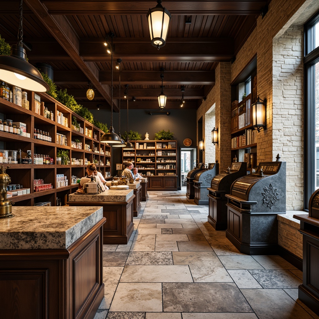 Prompt: Elegant grocery store interior, ornate wooden shelves, vintage metal lanterns, distressed stone flooring, rustic brick walls, classic column displays, antique cash registers, decorative ceramic tiles, rich wood tones, warm soft lighting, shallow depth of field, 1/2 composition, realistic textures, ambient occlusion.