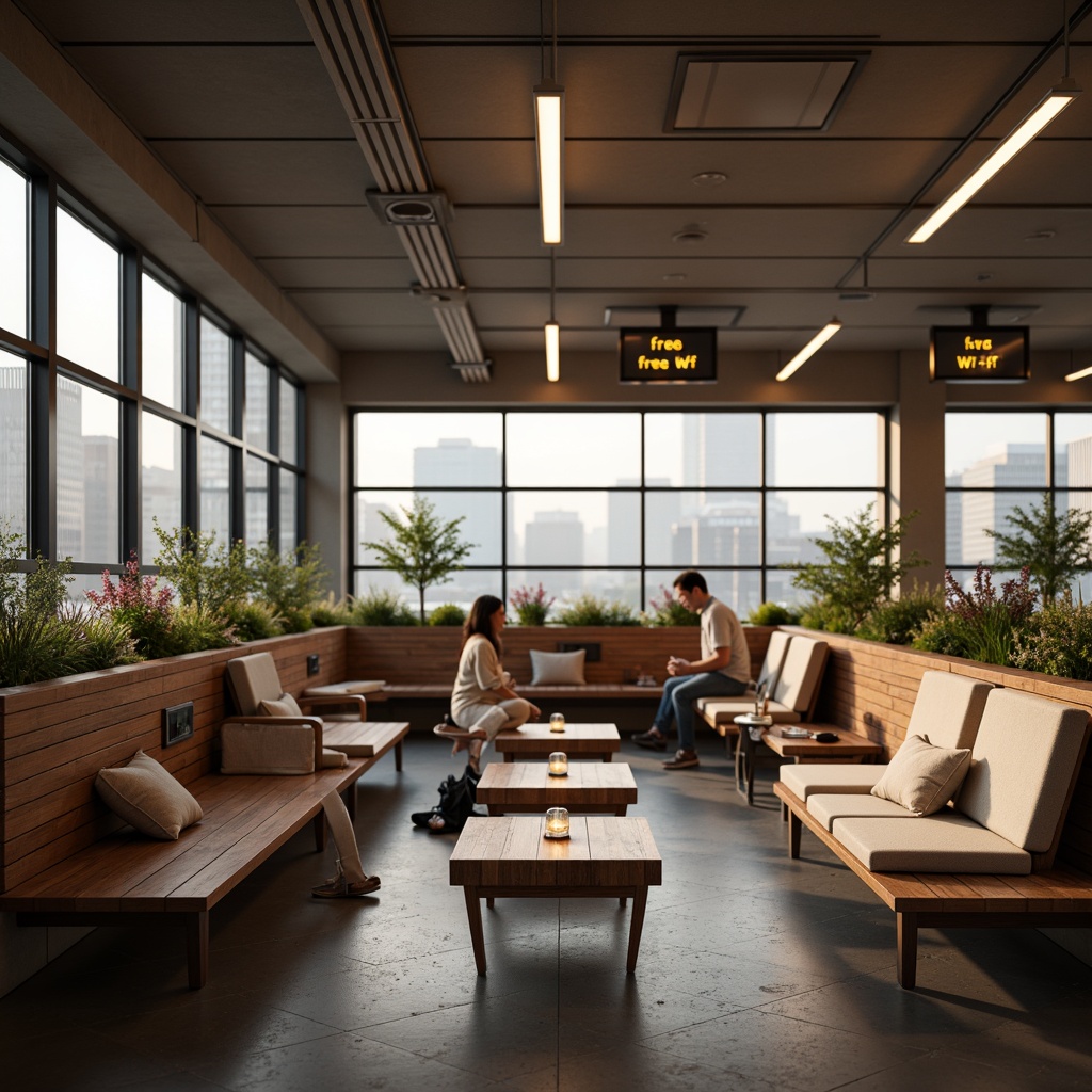 Prompt: Cozy waiting lounge, wooden benches, soft cushions, warm lighting, comfortable seating areas, train station atmosphere, modern architecture, high ceilings, large windows, natural light, urban landscape views, gentle color scheme, soothing ambient sounds, minimalist decor, sleek metal accents, ergonomic chair designs, ample legroom, convenient power outlets, USB charging ports, free Wi-Fi signs, lush greenery, vibrant flowers, calm ambiance, shallow depth of field, 3/4 composition, realistic textures, ambient occlusion.