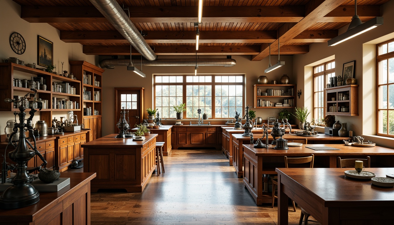 Prompt: Warm traditional laboratory, rich wood accents, classic cabinetry, antique scientific instruments, warm beige walls, polished wooden workbenches, metal shelving units, vintage-style lighting fixtures, soft warm glow, warm color temperature, high ceilings, large windows, natural daylight, subtle shadows, 1/2 composition, realistic textures, ambient occlusion.