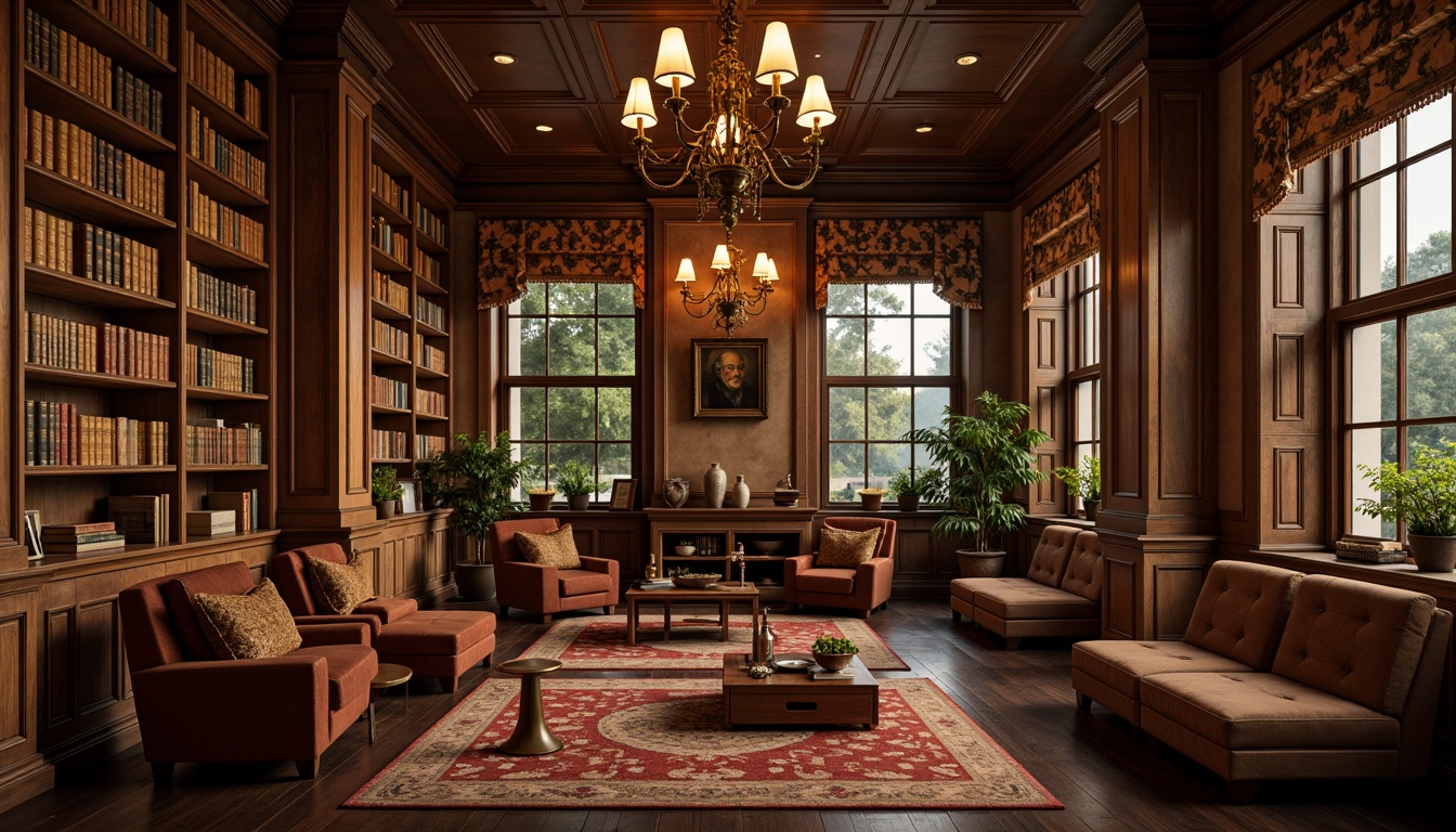 Prompt: Rich wooden shelves, vintage leather-bound books, warm golden lighting, cozy reading nooks, plush armchairs, soft velvet fabrics, earthy tone walls, rustic metal accents, classic ornate details, elegant chandeliers, subtle texture overlays, shallow depth of field, 1/1 composition, realistic wood grain textures, ambient occlusion.