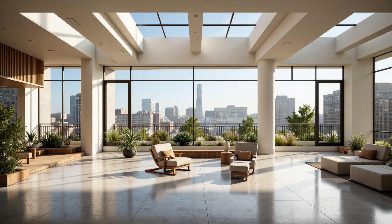 Prompt: Spacious open-plan interior, floor-to-ceiling windows, minimalist decor, reflective surfaces, clerestory windows, skylights, solar tubes, white walls, polished concrete floors, wooden accents, modern furniture, greenery-filled balconies, urban cityscape views, warm sunny day, soft diffused lighting, shallow depth of field, 1/1 composition, realistic textures, ambient occlusion.