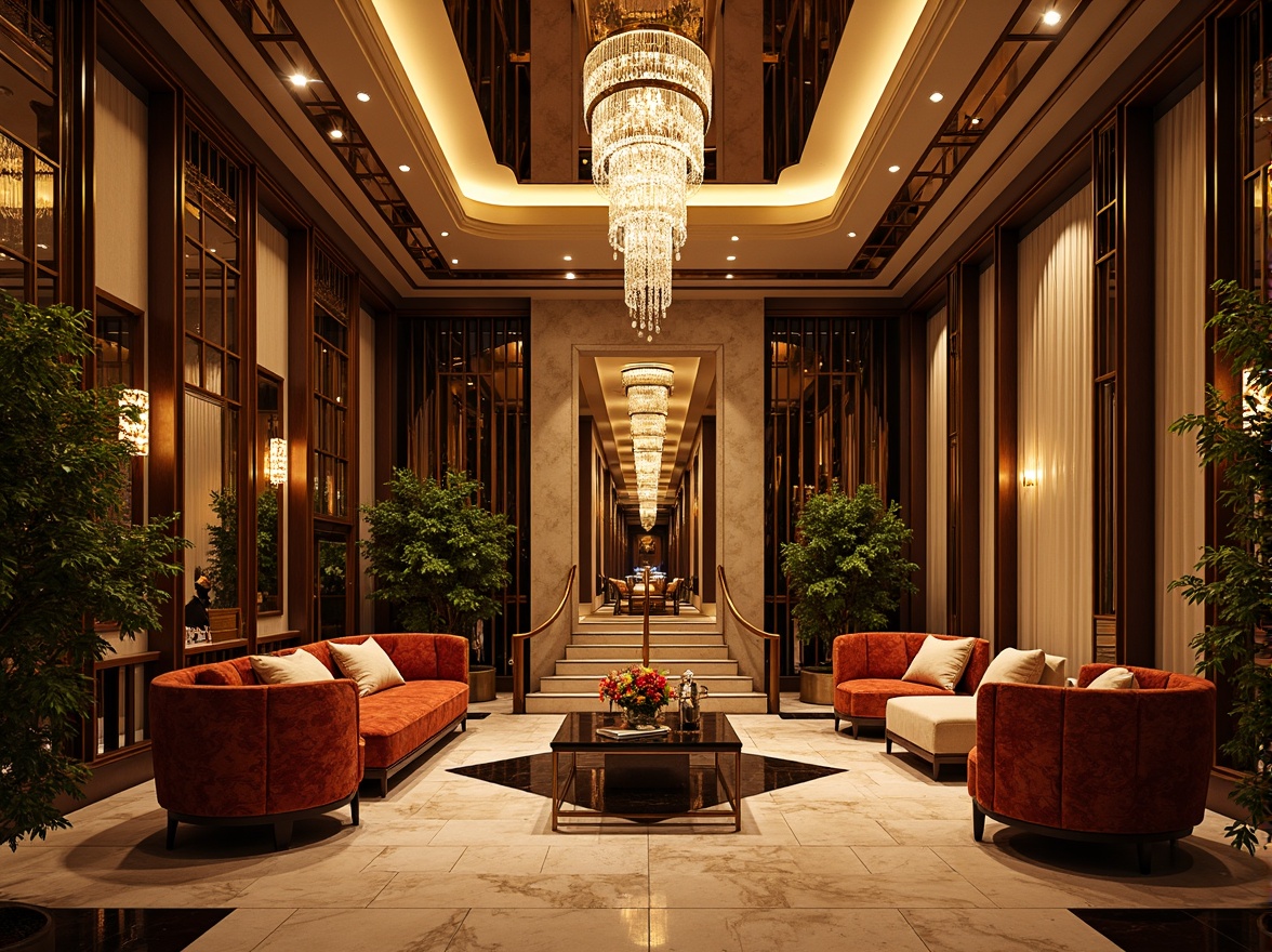 Prompt: Luxurious art deco interior, ornate mirrors, metallic accents, geometric patterns, bold color palette, velvet drapes, marble walls, glossy finishes, ornamental metalwork, lavish furnishings, opulent chandeliers, crystal fixtures, grand scale, high ceilings, dramatic lighting, shallow depth of field, 1/1 composition, warm golden tones, soft focus, realistic textures.