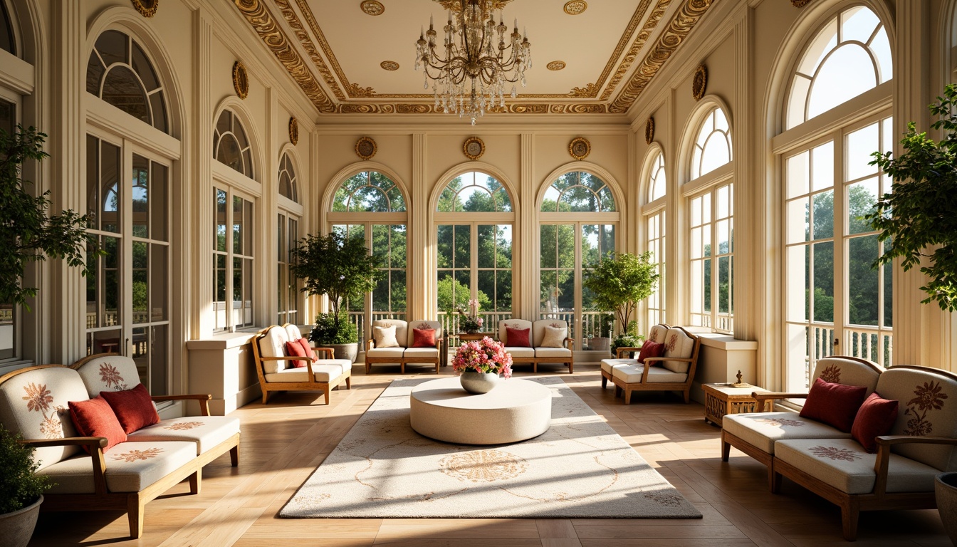 Prompt: Opulent sunroom, intricate wood carvings, gilded ornate details, soft cream walls, lavish furnishings, plush velvet fabrics, curved lines, scalloped edges, delicate flower patterns, sparkling crystal chandeliers, natural light pouring in, warm sunny day, shallow depth of field, 1/1 composition, realistic textures, ambient occlusion.