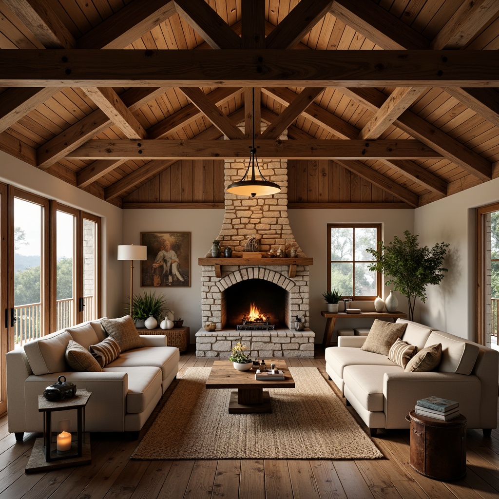 Prompt: Rustic farmhouse interior, warm soft lighting, vintage metal lanterns, wooden beam ceilings, exposed brick walls, natural stone fireplaces, cozy nooks, plush furnishings, earthy color palette, warm beige tones, creamy whites, distressed wood accents, metal pendant lights, candlelit ambiance, warm glow, soft shadows, 1/2 composition, intimate atmosphere, realistic textures, ambient occlusion.