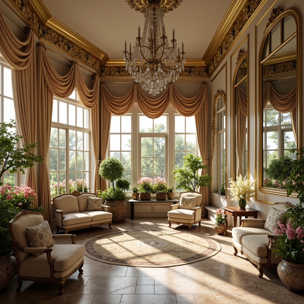 Prompt: Intricate ornateness, luxurious golden accents, delicate plasterwork, Rococo-style sunroom, lavish furnishings, velvet drapes, crystal chandeliers, ornate mirrors, gilded frames, soft natural light, warm sunny atmosphere, lush greenery, blooming flowers, marble floors, elegant curves, decorative cornices, lavish tapestries, rich textiles, subtle color palette, warm beige tones, delicate patterned rugs, French windows, romantic ambiance, dreamy lighting, shallow depth of field, 1/1 composition, realistic textures, ambient occlusion.