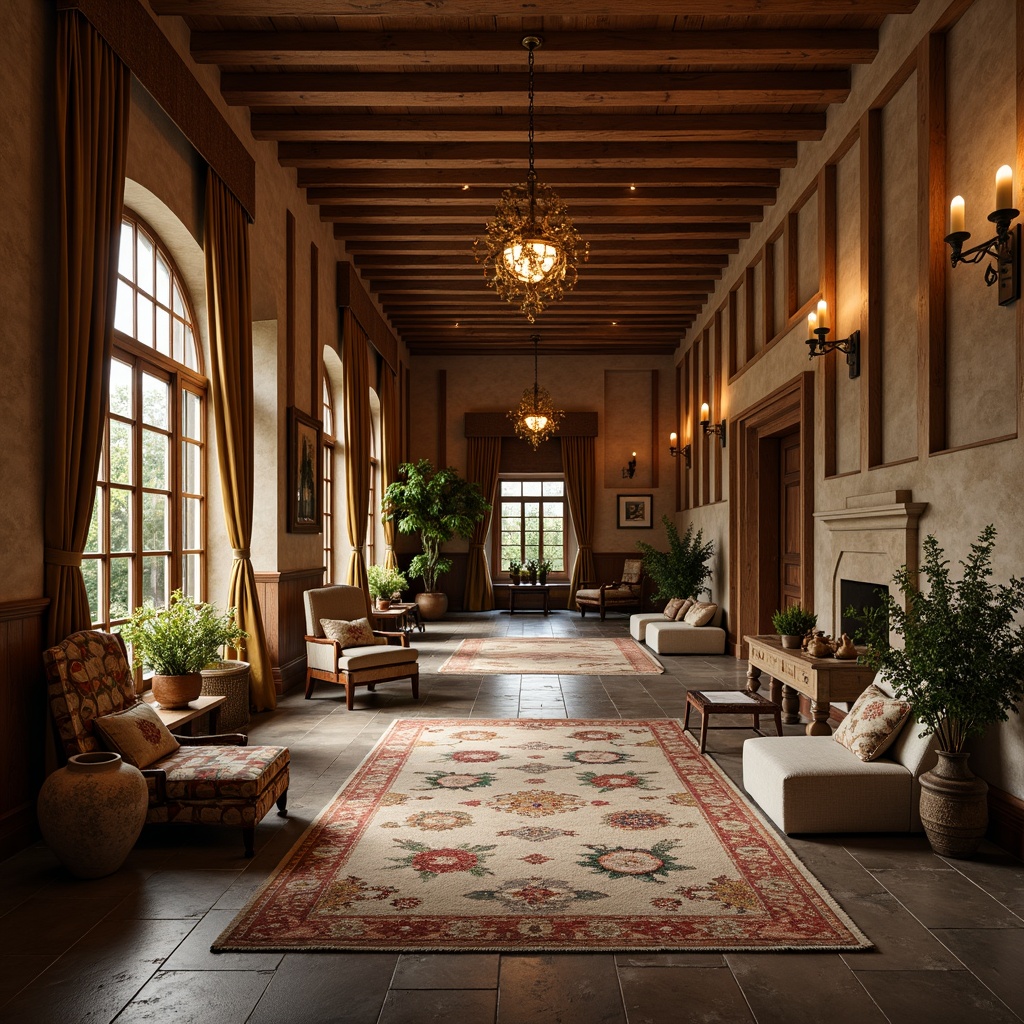 Prompt: Cozy hall, rustic wooden beams, warm earthy tones, natural stone flooring, plush area rugs, comfortable seating nooks, vintage decorative artifacts, richly stained wood paneling, elegant pendant lighting fixtures, bronze metal accents, warm candlelight ambiance, soft diffused lighting, layered window treatments, flowing drapery, botanical prints, nature-inspired textiles, organic shapes, earthy color palette, inviting atmosphere, intimate scale, harmonious composition, warm golden lighting, 1/1 aspect ratio.