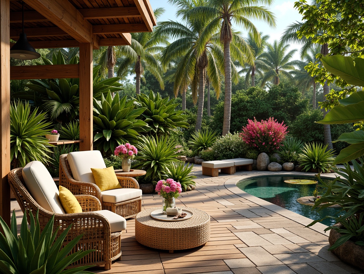 Prompt: Vibrant tropical garden, exotic plants, colorful flowers, wooden deck, rattan furniture, woven textiles, natural fibers, bamboo accents, rustic stone pathways, tranquil water features, serene koi pond, lush greenery, warm sunny day, soft diffused lighting, 1/1 composition, intimate close-up shots, realistic renderings, ambient occlusion.