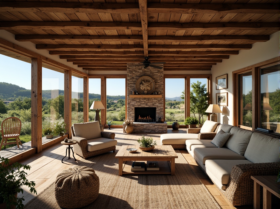 Prompt: Rustic farmhouse, open layout, high ceilings, wooden beams, large windows, natural light, earthy color palette, vintage furniture, distressed wood accents, brick walls, stone fireplace, country-inspired decor, lush greenery, rural landscape, rolling hills, sunny day, warm soft lighting, shallow depth of field, 3/4 composition, panoramic view, realistic textures, ambient occlusion.