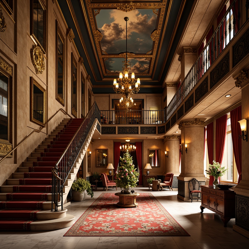 Prompt: Opulent palace interior, grand staircase, intricately carved balustrades, gilded ornaments, lavish chandeliers, ornate mirrors, velvet drapes, richly patterned rugs, marble flooring, frescoed ceilings, dramatic lighting, warm golden tones, highly detailed textures, shallow depth of field, 1/1 composition, realistic renderings, ambient occlusion.