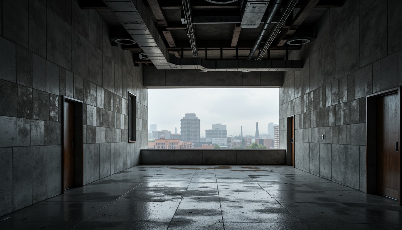 Prompt: Raw concrete walls, exposed ductwork, industrial metal beams, dramatic shadows, harsh overhead lighting, cold atmospheric ambiance, brutalist architectural style, bold geometric shapes, minimalist decor, urban cityscape, overcast sky, misty atmosphere, high-contrast lighting, stark silhouettes, cinematic composition, low-key lighting, mysterious mood, abstract textures, 3D modeling, ambient occlusion.