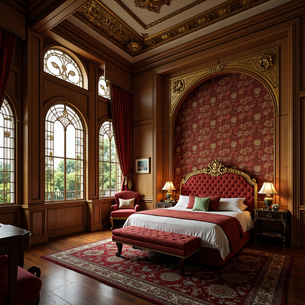 Prompt: Opulent Art Nouveau bedroom, sinuous wall molding, ornate wallpaper patterns, luxurious velvet fabrics, gold leaf accents, intricate wooden paneling, stained glass windows, flowing organic shapes, soft warm lighting, shallow depth of field, 1/1 composition, intimate atmosphere, rich jewel-toned colors, subtle texture overlays.