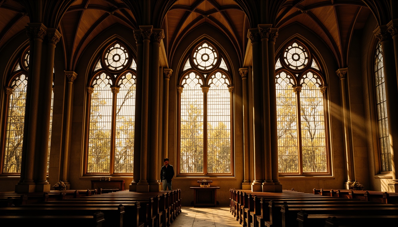 Prompt: Ornate Gothic windows, delicate stone carvings, pointed arches, ribbed vaults, stained glass, intricate tracery, majestic cathedrals, mysterious ambiance, warm golden lighting, dramatic shadows, high contrast ratio, atmospheric perspective, symmetrical composition, detailed textures, realistic reflections.