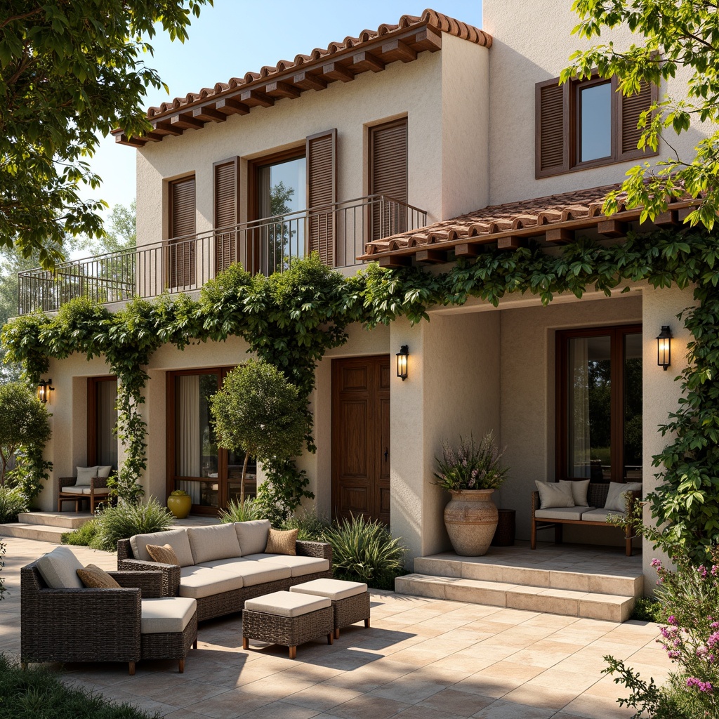 Prompt: Rustic villa facade, earthy tones, natural stone walls, wooden shutters, terracotta roof tiles, Mediterranean-inspired architecture, lush greenery, climbing vines, blooming flowers, warm sunlight, soft shadows, 1/2 composition, realistic textures, ambient occlusion, cozy outdoor seating areas, woven rattan furniture, plush cushions, lantern-style lighting fixtures.