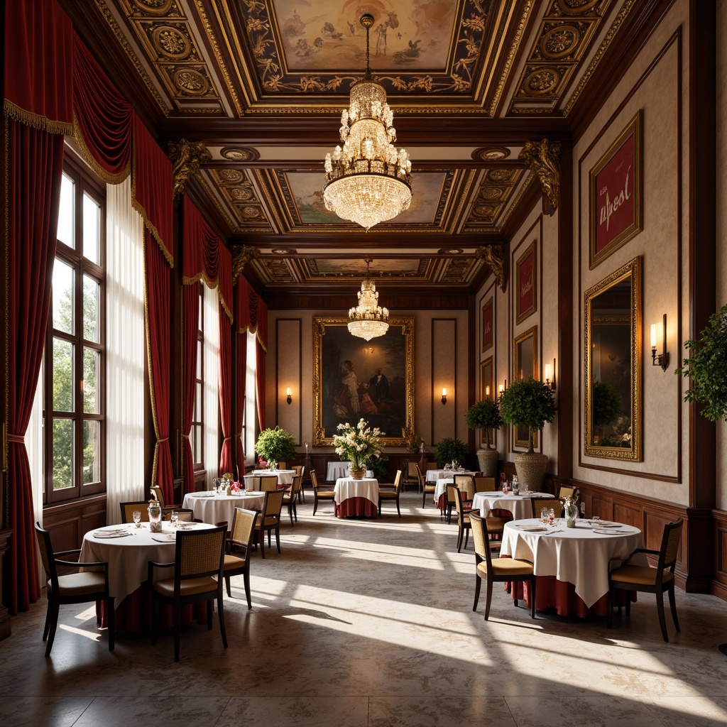 Prompt: Elegant dining hall, rich velvet drapes, ornate gold frames, luxurious crystal chandeliers, marble floors, neoclassical columns, intricate fresco ceilings, opulent furnishings, stately wooden tables, upholstered chairs, fine porcelain vases, lavish flower arrangements, warm candlelight, soft focus, shallow depth of field, 1/2 composition, symmetrical layout, realistic textures, ambient occlusion.