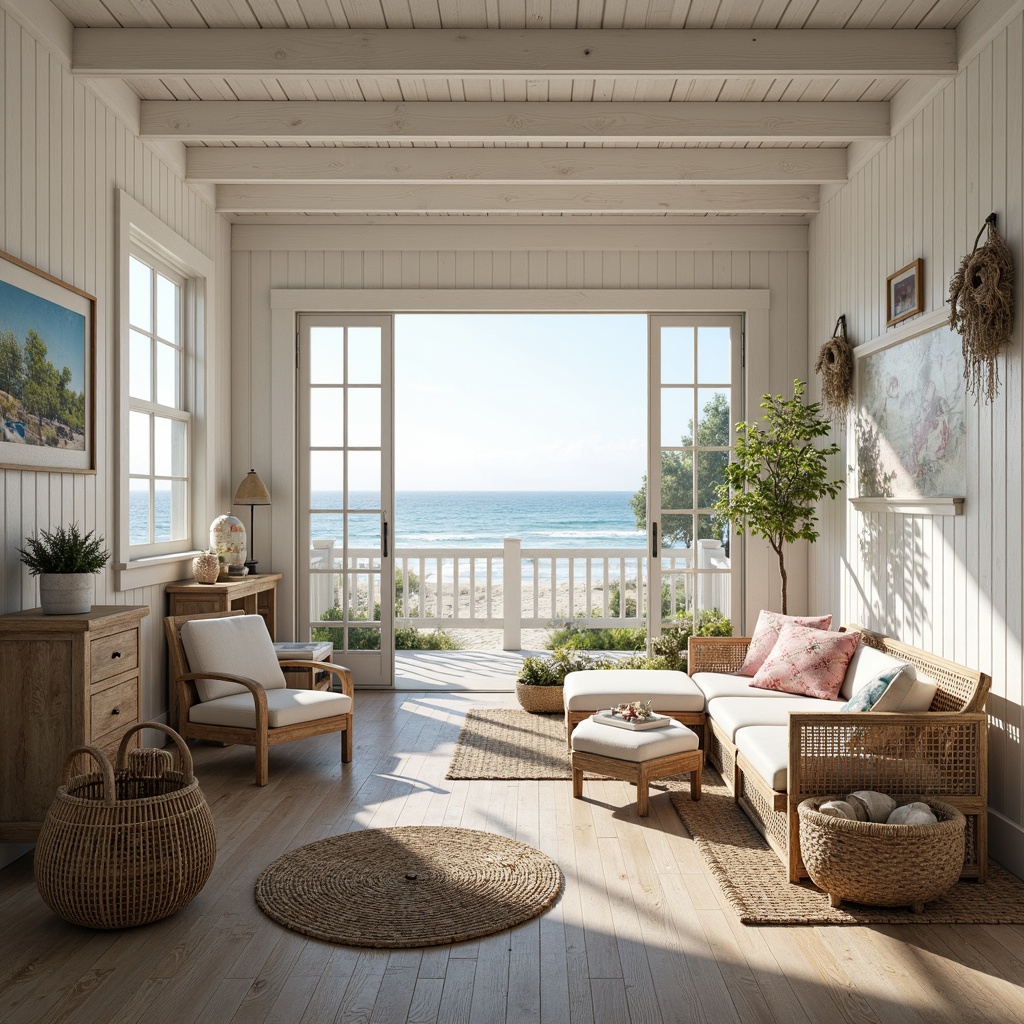 Prompt: Coastal craft room, calming ocean views, soft sandy beaches, driftwood furniture, woven sea grass baskets, natural fiber rugs, nautical ropes, vintage fishing nets, distressed wood accents, weathered metal decorations, crisp white shiplap walls, airy windows, sliding glass doors, refreshing sea breeze, warm sunny day, gentle wave patterns, soothing color palette, blues and whites, seafoam greens, coral pinks, sandy beiges, natural textures, rustic finishes, coastal charm, 1/1 composition, soft focus, realistic renderings.