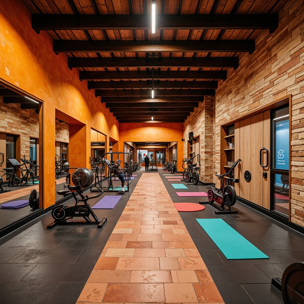 Prompt: Vibrant southwestern gym interior, bold color scheme, rubber flooring, textured surfaces, athletic equipment, weightlifting machines, exercise bikes, yoga mats, mirrored walls, industrial-style metal beams, reclaimed wood accents, earthy tones, natural stone features, terracotta-inspired tiles, abstract geometric patterns, warm ambient lighting, shallow depth of field, 1/2 composition, realistic textures, ambient occlusion.