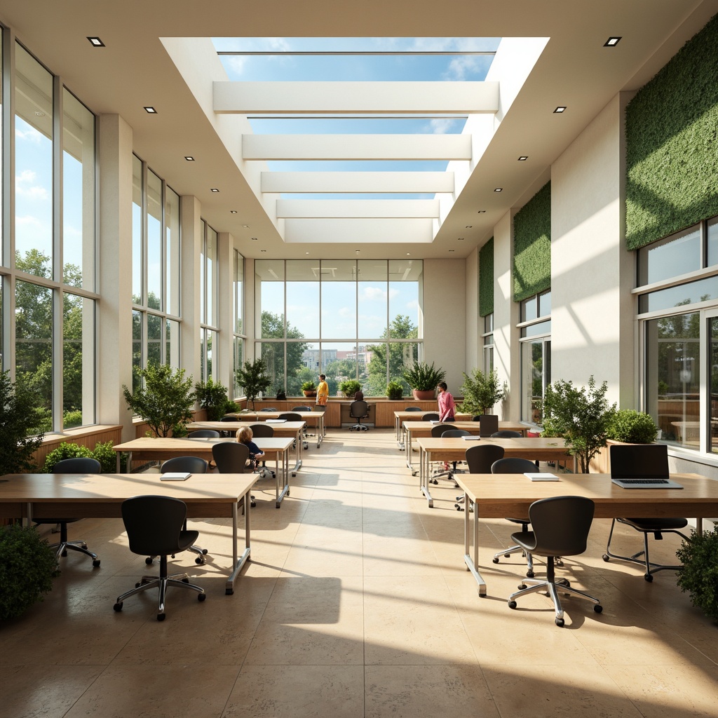 Prompt: Spacious classroom, abundant natural light, floor-to-ceiling windows, minimalist interior design, neutral color palette, sleek wooden desks, ergonomic chairs, greenery walls, living plants, warm beige flooring, soft diffused lighting, clerestory windows, skylights, solar tubes, automated shading systems, flexible learning spaces, collaborative workstations, comfortable reading nooks, calming atmosphere, subtle textures, realistic reflections, shallow depth of field, 1/1 composition, panoramic view.