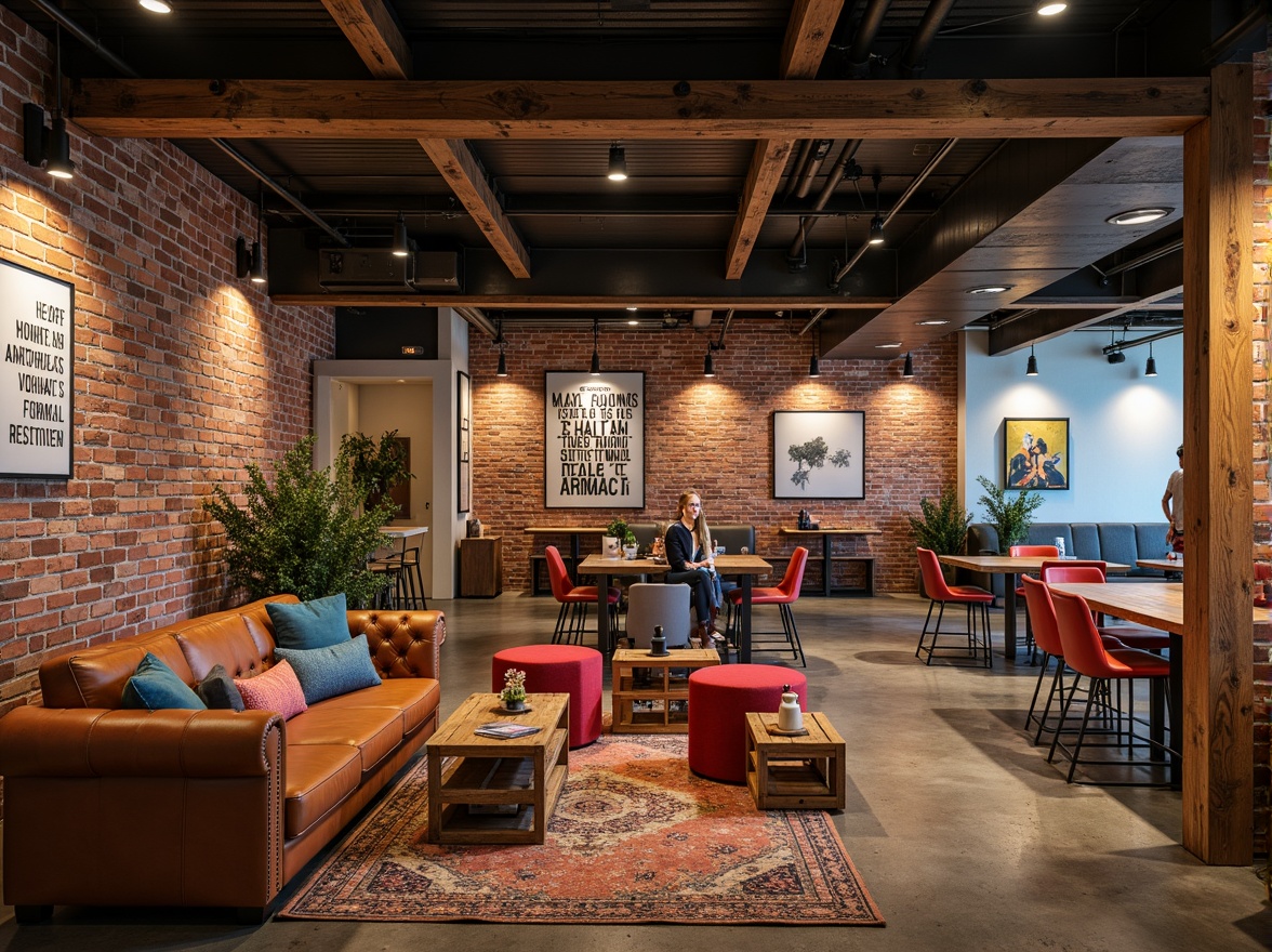 Prompt: Exposed brick walls, metal beams, reclaimed wood accents, industrial-style lighting fixtures, comfortable seating areas, vibrant colorful throw pillows, modern minimalist decor, open floor plan, community tables, collaborative workspaces, inspirational quotes, youth-oriented artwork, eclectic mix of vintage and modern furniture pieces, distressed leather sofas, wooden crates, urban loft atmosphere, soft warm lighting, shallow depth of field, 3/4 composition, realistic textures, ambient occlusion.