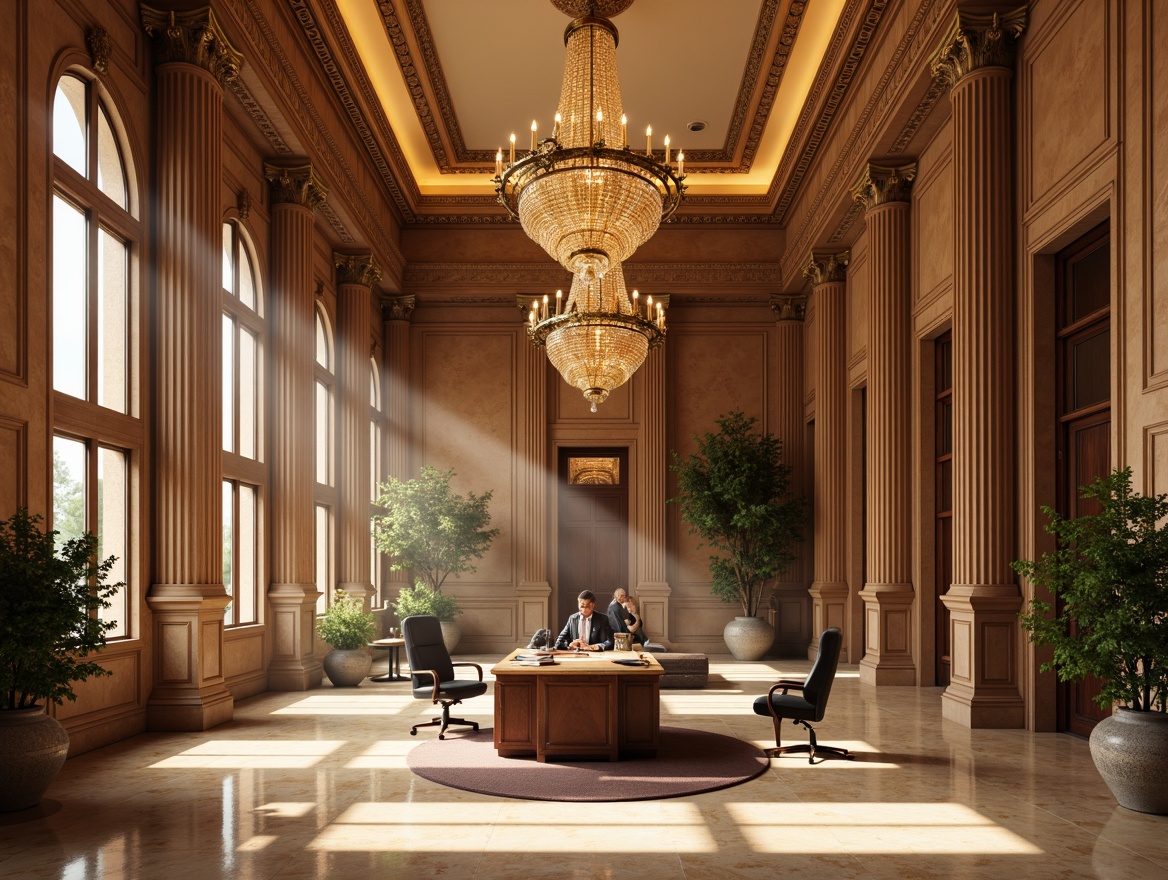 Prompt: Elegant neoclassical office, ornate chandeliers, warm golden lighting, rich wood paneling, creamy marble floors, Corinthian columns, arched windows, soft diffused light, subtle shadow play, 1/1 composition, symmetrical framing, realistic textures, ambient occlusion, morning sunbeams, subtle warmth, refined architectural details, sophisticated color palette, luxurious fabrics, intricate moldings, classicist motifs.Let me know if you need any adjustments!