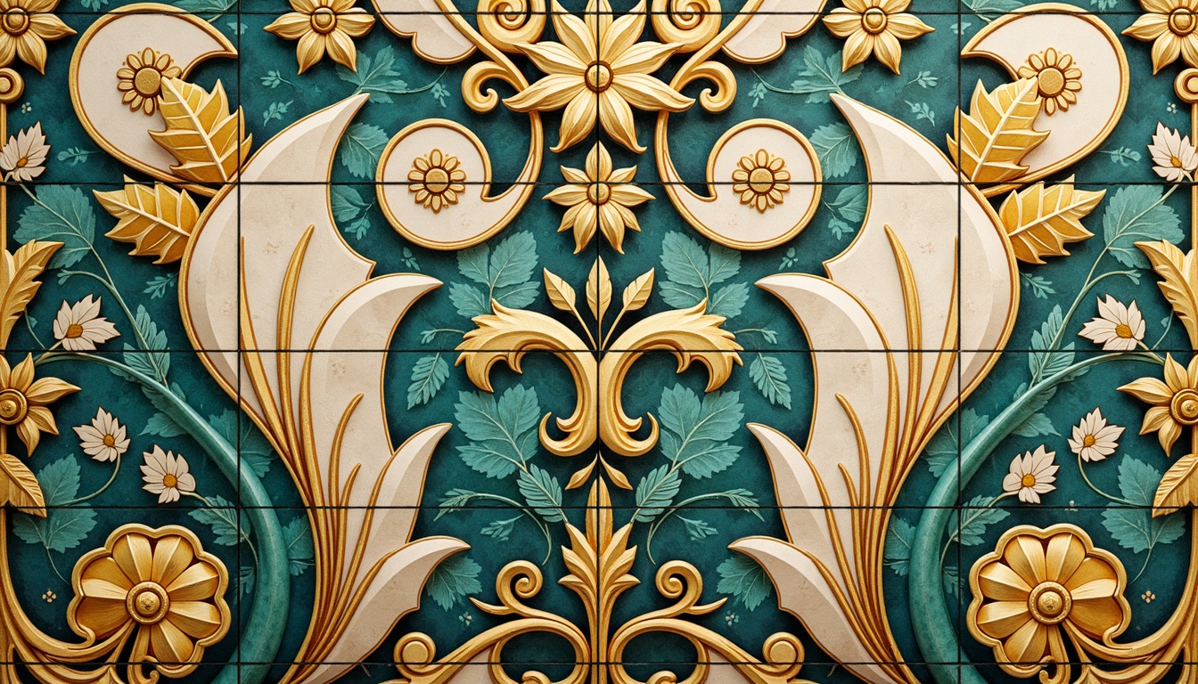 Prompt: Intricate Art Nouveau-inspired tile patterns, swirling organic shapes, flowing curves, botanical motifs, ornate florals, sinuous lines, geometric accents, iridescent glazes, shimmering effects, luxurious textures, jewel-toned colors, peacock blue, emerald green, amber yellow, rich gold, elegant cream, sophisticated neutrals, stylized foliage, whimsical creatures, mythical beasts, ornamental borders, decorative trims, high-contrast lighting, dramatic shadows, 1/1 composition, realistic reflections, ambient occlusion.