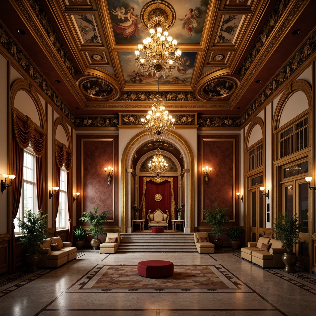 Prompt: Opulent throne room, lavish chandeliers, intricately carved wooden panels, gilded mirrors, ornate fresco ceilings, rich velvet drapes, golden accents, majestic marble columns, intricate stone inlays, grandiose staircases, dramatic archways, soft warm lighting, cinematic composition, highly detailed textures, ambient occlusion, shallow depth of field, 3/4 perspective, realistic reflections.