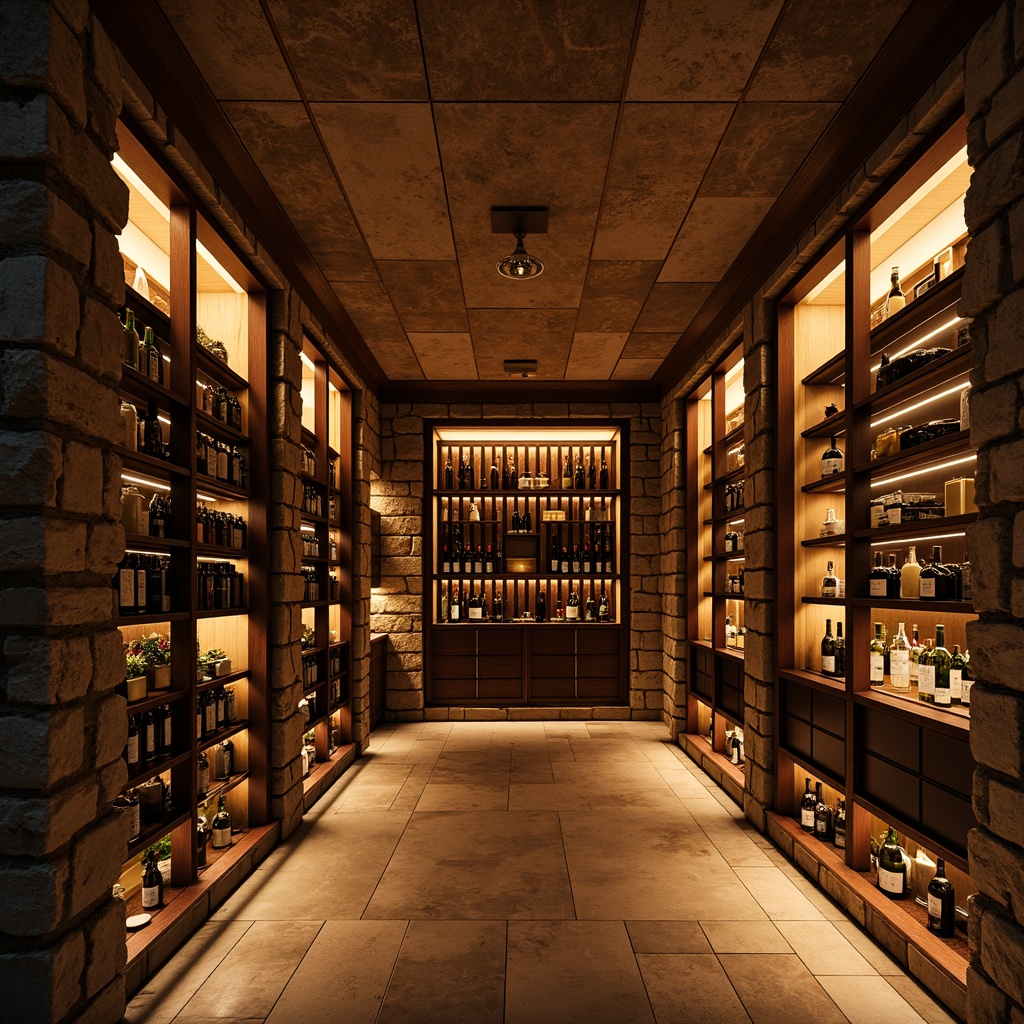 Prompt: Intimate wine cellar, rustic stone walls, dimmable warm lighting, rich wood accents, ambient LED strips, soft golden glow, bottle displays, glass-enclosed wine racks, temperature-controlled environment, humidity sensors, sophisticated climate management systems, dramatic spotlights, subtle floor illumination, elegant metalwork, luxurious velvet drapes, atmospheric color temperatures, 1/1 composition, shallow depth of field, realistic textures.