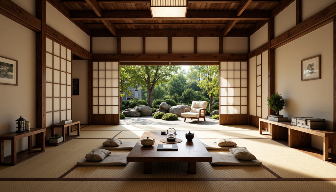 Prompt: Traditional Japanese tea house, tatami mats, shoji screens, sliding doors, natural wood accents, paper lanterns, minimalist decor, tranquil atmosphere, serene garden views, bonsai trees, moss-covered stones, subtle warm lighting, soft shadows, 1/1 composition, intimate scale, authentic cultural details, subtle color palette.