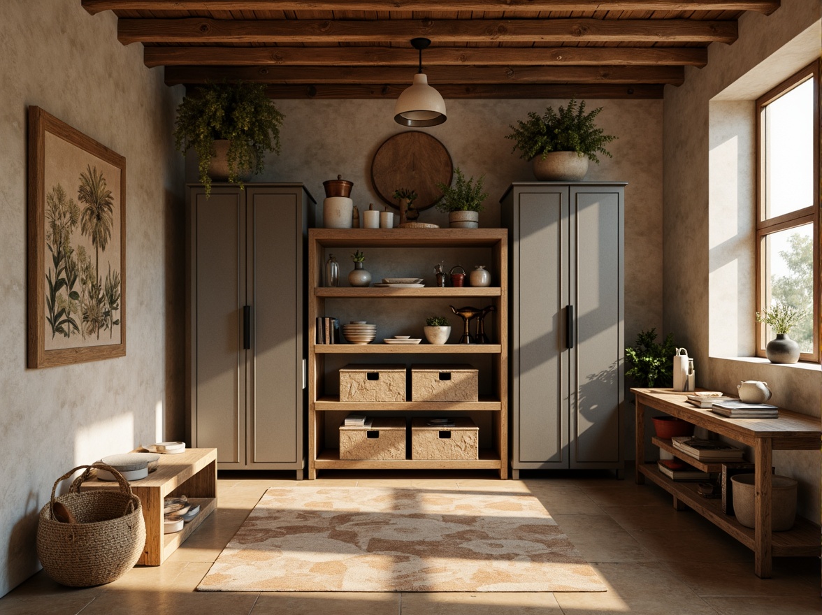 Prompt: Cozy storage room, soft warm lighting, calming beige walls, rustic wooden shelves, vintage metal cabinets, earthy brown floors, natural stone accents, industrial chic decor, functional storage bins, organized shelving units, minimal ornamentation, warm neutral tones, 1/1 composition, realistic textures, ambient occlusion.