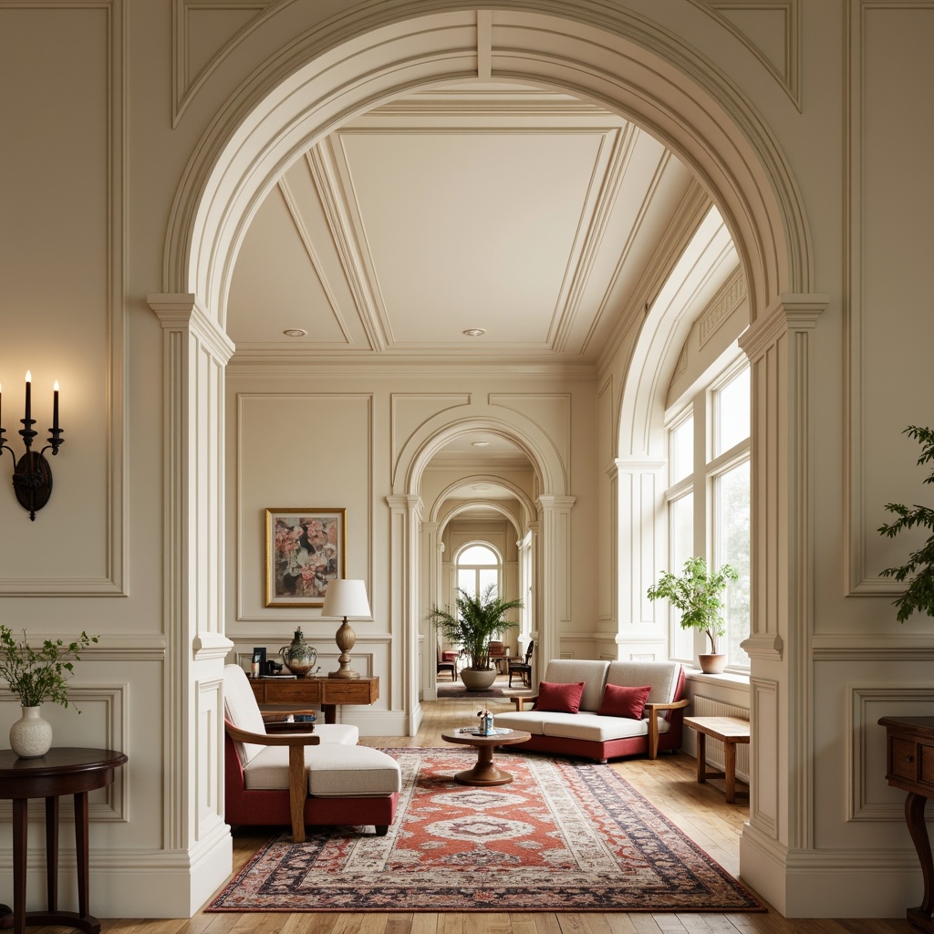 Prompt: Elegant molding designs, ornate ceiling details, luxurious interior spaces, sophisticated wall trims, curved archways, smooth rounded edges, creamy white paint finishes, subtle texture contrasts, refined decorative accents, harmonious color schemes, soft warm lighting, atmospheric ambiance, inviting seating areas, lavish furnishings, opulent fabrics, intricate patterns, 3/4 composition, shallow depth of field, realistic textures.