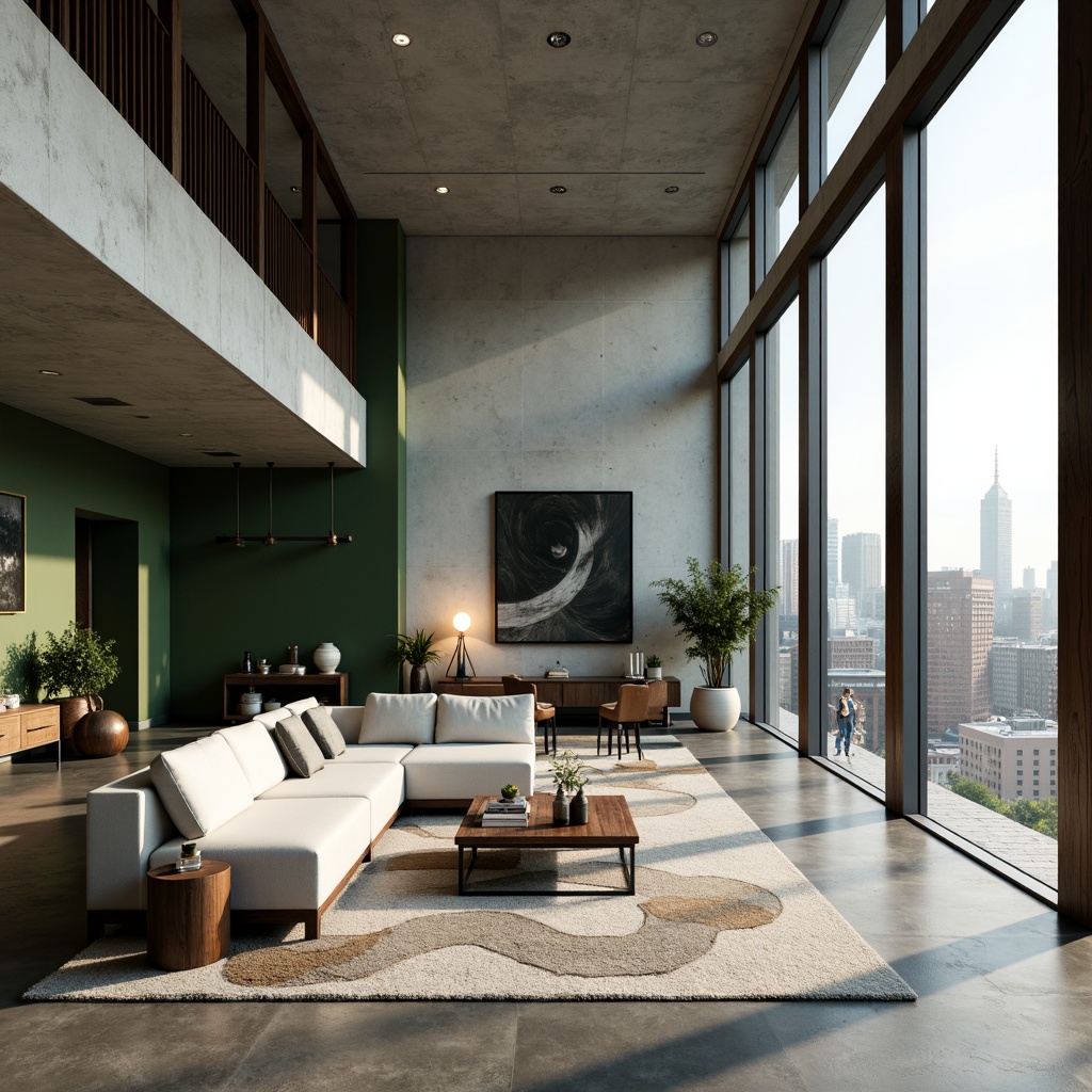 Prompt: Minimalist living room, floor-to-ceiling windows, natural light, polished concrete floors, sleek low-profile furniture, geometric patterns, green walls, urban skyline views, cityscape backdrop, modern art pieces, industrial chic decor, cozy reading nooks, plush area rugs, warm ambient lighting, shallow depth of field, 1/2 composition, realistic textures, soft focus effect.