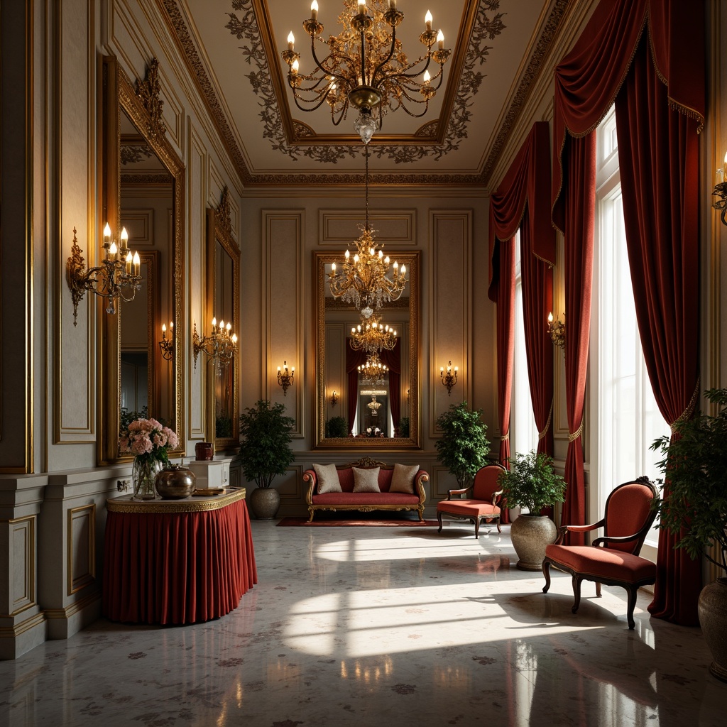 Prompt: Luxurious Baroque interior, rich velvety fabrics, ornate gold accents, warm candlelight, majestic chandeliers, intricate moldings, opulent marble floors, lavish drapery, soft feminine pastels, jewel-toned emeralds, deep berry reds, dramatic charcoal grays, creamy ivory whites, warm honey wood tones, ornamental patterns, subtle sheen textures, atmospheric chiaroscuro lighting, 1/2 composition, realistic reflections.