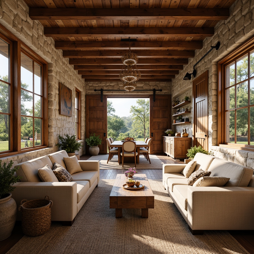 Prompt: Rustic farmhouse, open layout, wooden beams, natural stone walls, earthy tones, vintage decor, plush furniture, woven textiles, country-style kitchen, farm-fresh flowers, abundant natural light, sliding barn doors, reclaimed wood accents, cozy reading nooks, soft warm lighting, shallow depth of field, 1/1 composition, relaxed atmosphere, organic shapes, distressed finishes, sun-drenched views.