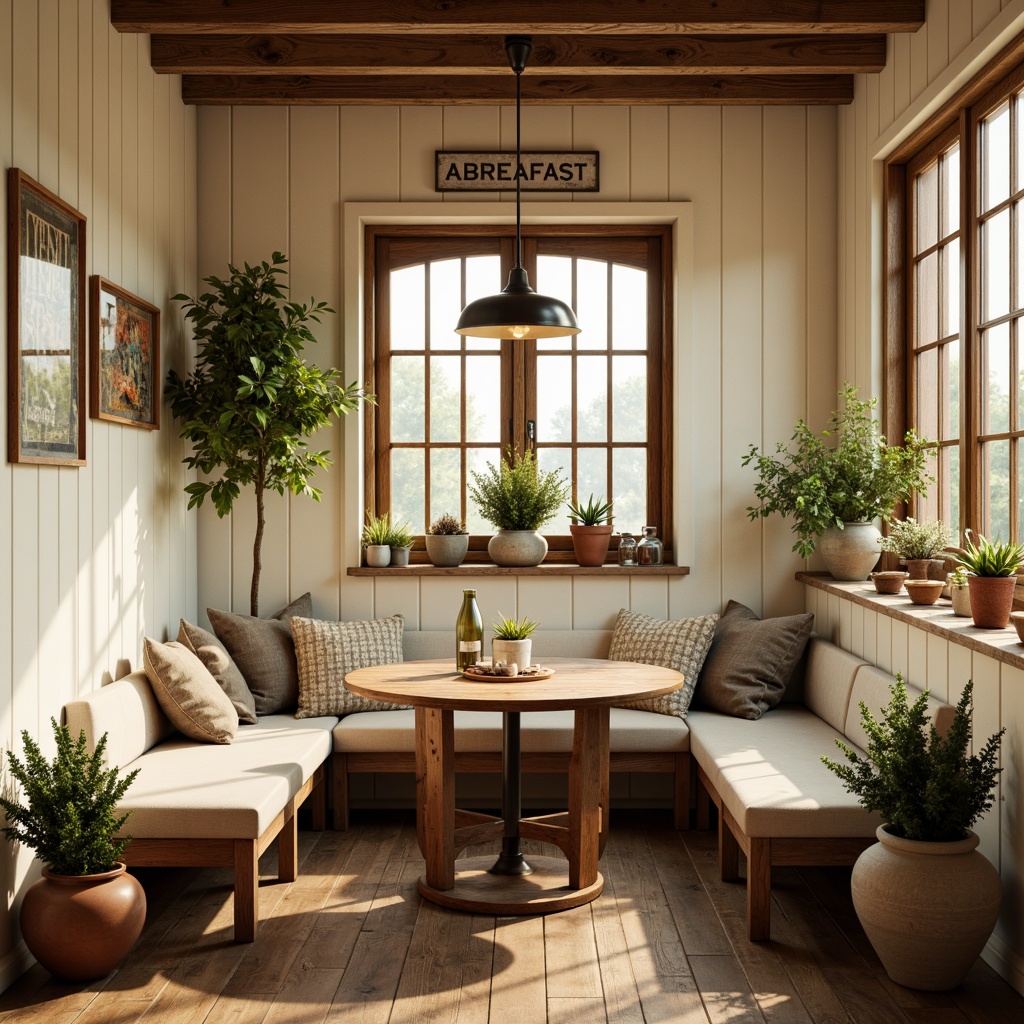 Prompt: Cozy breakfast nook, rustic wooden accents, warm beige walls, creamy white cabinetry, soft sage greenery, vintage metal signs, distressed wood flooring, plush throw blankets, natural linen upholstery, earthy terracotta pots, woven wicker furniture, sunny morning light, warm golden lighting, shallow depth of field, 1/1 composition, realistic textures, ambient occlusion.