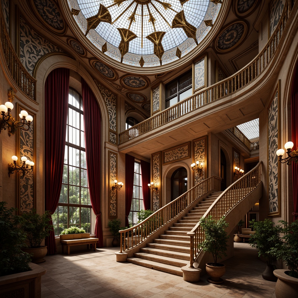 Prompt: Ornate museum interior, grand staircase, sweeping curves, elegant lines, rich wood paneling, decorative metalwork, stained glass ceiling, intricate mosaics, flowing organic patterns, luxurious velvet drapes, ornamental plasterwork, gilded accents, soft warm lighting, shallow depth of field, 1/1 composition, realistic textures, ambient occlusion, Art Nouveau-inspired motifs, fluid shapes, natural stone walls, grand archways, opulent chandeliers.