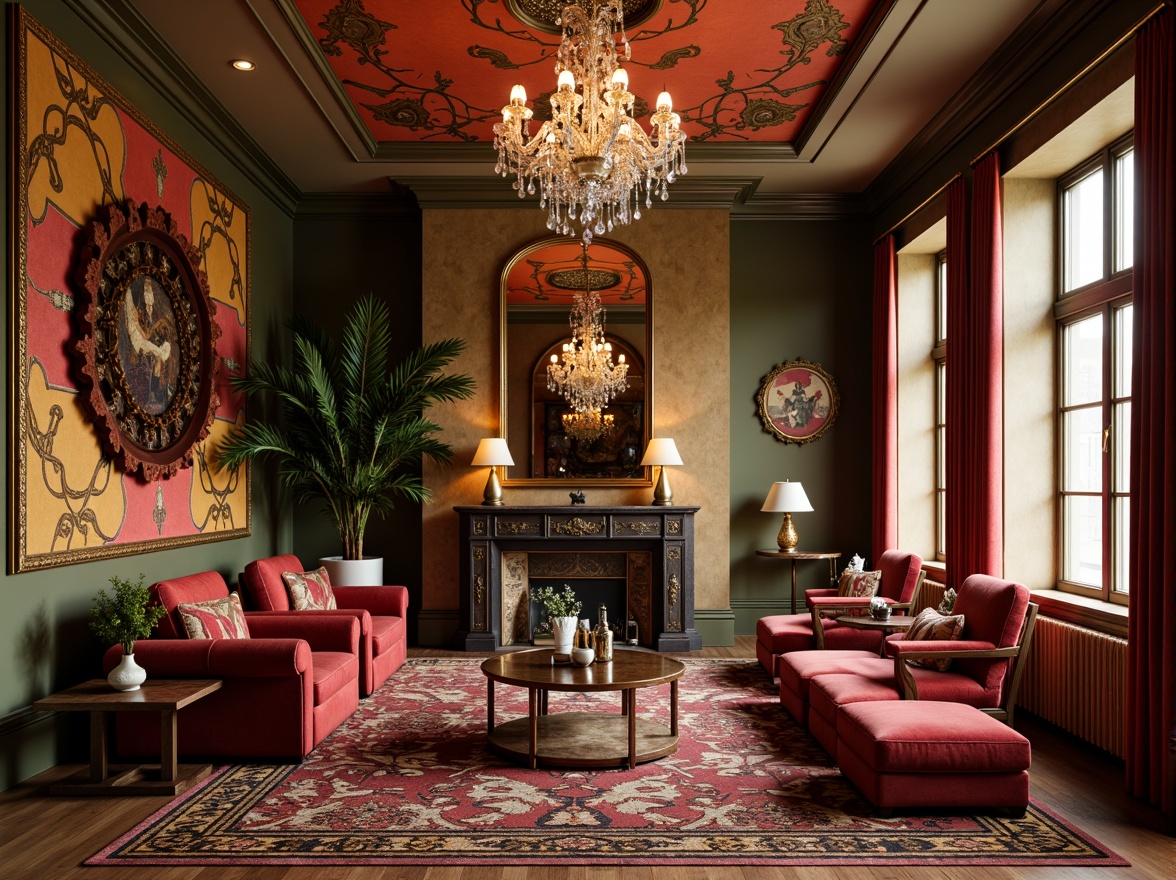 Prompt: Luxurious velvet sofas, ornate wooden armchairs, polished bronze coffee tables, intricately patterned rugs, glamorous crystal chandeliers, geometric-shaped side tables, richly upholstered ottomans, opulent marble consoles, lavish drapery, metallic accents, bold colorful patterns, sophisticated ambient lighting, warm golden tones, 3/4 composition, shallow depth of field, realistic textures.