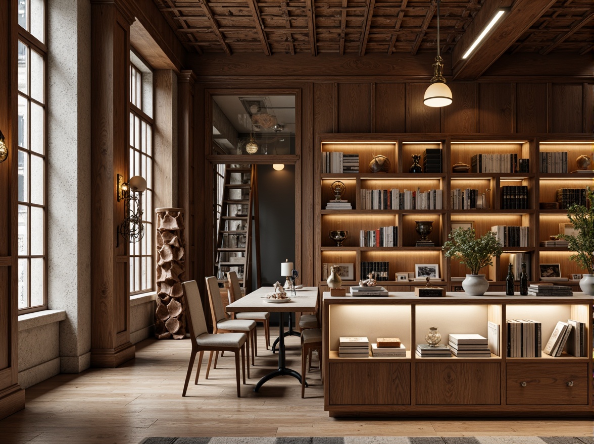 Prompt: Elegant wooden shelves, ornate metal brackets, vintage library ladders, distressed leather-bound books, rich walnut wood tones, sophisticated glass display cases, subtle LED lighting, minimalist label tags, neutral beige background, modern Scandinavian furniture, ample natural light, shallow depth of field, 1/2 composition, warm soft focus, realistic textures, ambient occlusion.