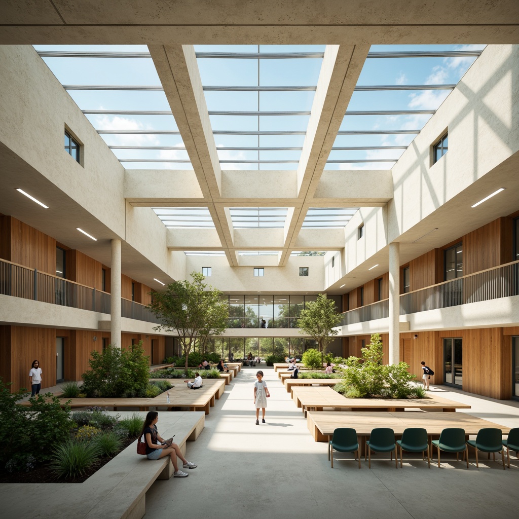 Prompt: Spacious classrooms, abundant natural light, large windows, clerestory roofs, transparent glass ceilings, minimalist interior design, neutral color palette, reflective surfaces, subtle shading devices, warm afternoon sunlight, soft diffused lighting, 1/1 composition, shallow depth of field, realistic textures, ambient occlusion.