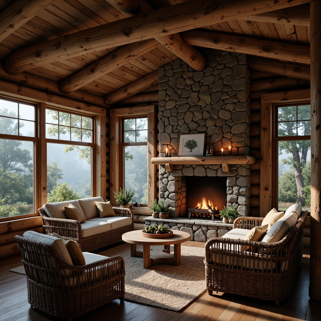 Prompt: Rustic cabin, wooden logs, stone fireplace, earthy tones, natural textures, woven wicker furniture, vintage metal accents, reclaimed wood walls, distressed finishes, candle lighting, warm cozy atmosphere, forest surroundings, misty morning, soft diffused light, shallow depth of field, 1/1 composition, realistic wood grain, ambient occlusion.