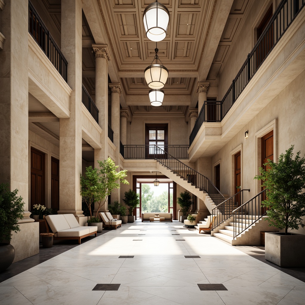 Prompt: Elegant neoclassical building, grand entrance columns, ornate Corinthian capitals, white marble floors, intricate moldings, high ceilings, symmetrical fa\u00e7ade, imposing stone walls, classical arches, sweeping staircases, luxurious chandeliers, rich wood paneling, sophisticated color palette, natural light pouring in, dramatic shadows, low-angle view, 1/2 composition, atmospheric perspective, realistic render.