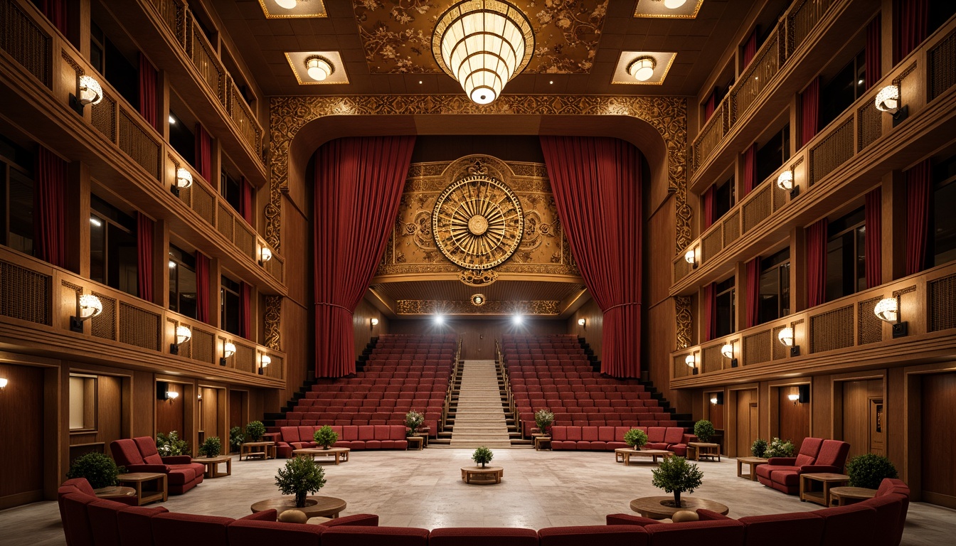 Prompt: Grand amphitheater, ornate Art Deco details, textured surfaces, luxurious velvet curtains, golden metallic accents, intricate geometric patterns, ornamental lighting fixtures, lavish chandeliers, curved staircases, marble flooring, rich wood paneling, opulent furnishings, sunken seating areas, dramatic spotlights, 1/1 composition, low-key lighting, soft focus, shallow depth of field.