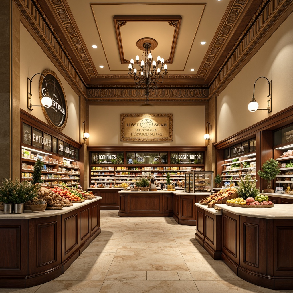 Prompt: Warm and inviting grocery store, classic architectural details, ornate ceiling molding, elegant chandeliers, soft warm lighting, subtle shadows, marble countertops, wooden shelves, vintage-inspired signage, ambient occlusion, realistic textures, 1/1 composition, symmetrical framing, neutral color palette, beige walls, creamy whites, earthy tones, decorative floor patterns, traditional display cases, ornate metalwork, classic typography, rustic wood accents, warm LED lighting, gentle highlights.