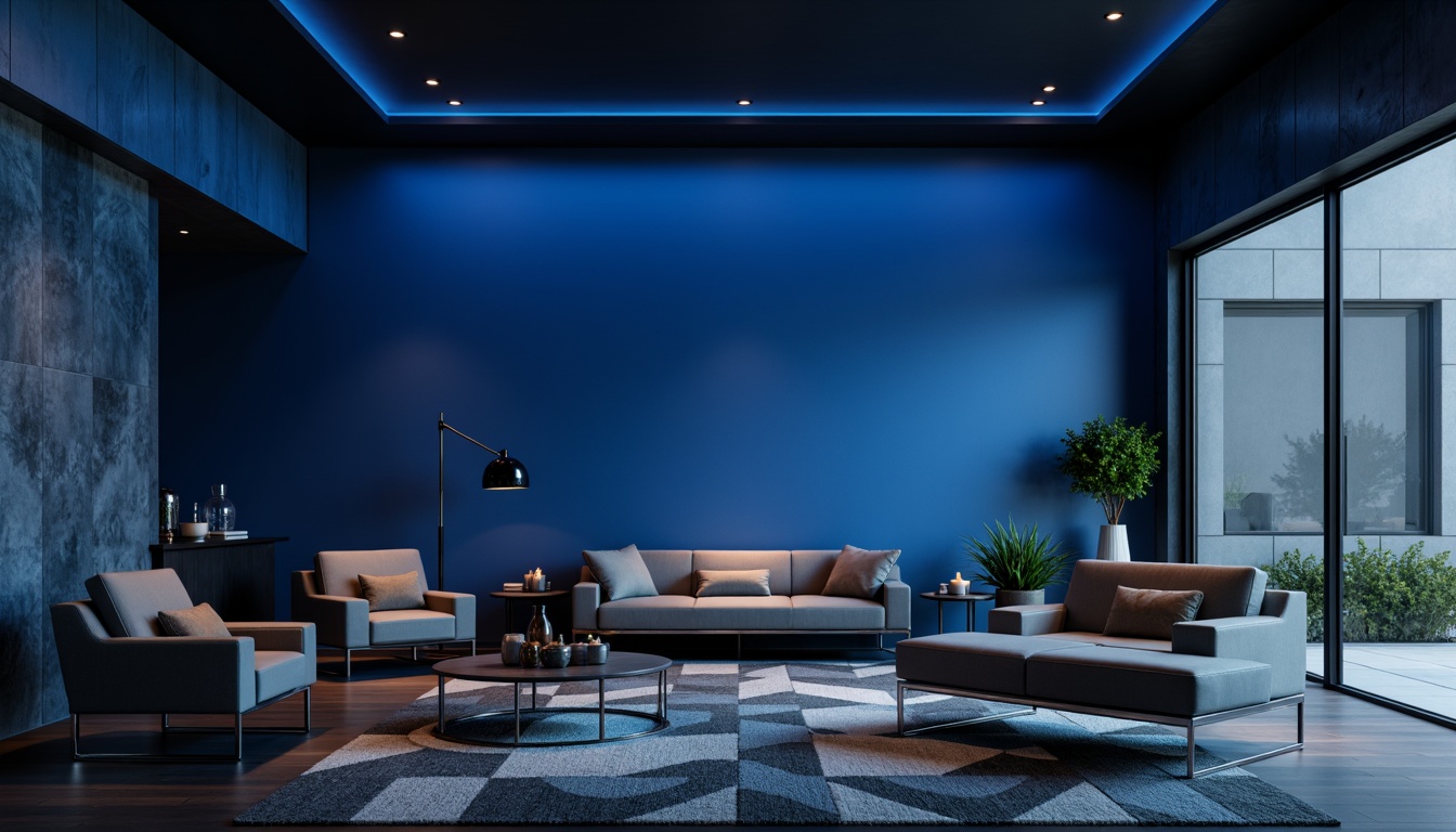 Prompt: Monochromatic minimalist interior, bold accent wall, deep blue hue, sleek modern furniture, chrome metallic legs, low-profile sofas, geometric patterned rug, subtle texture variations, warm LED lighting, dramatic shadows, 1/1 composition, shallow depth of field, soft focus effect, realistic fabric textures, ambient occlusion.